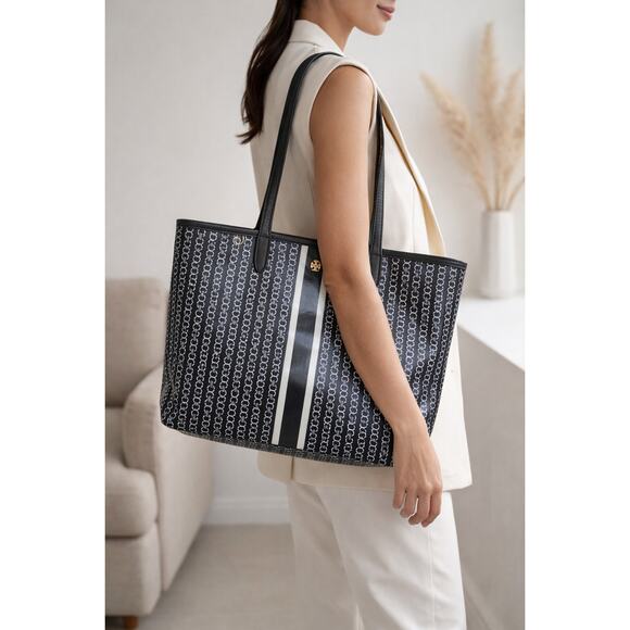 Tory Burch Handbags - Tory Burch Gemini Link Tote Black Coated Canvas Large Shopper Bag